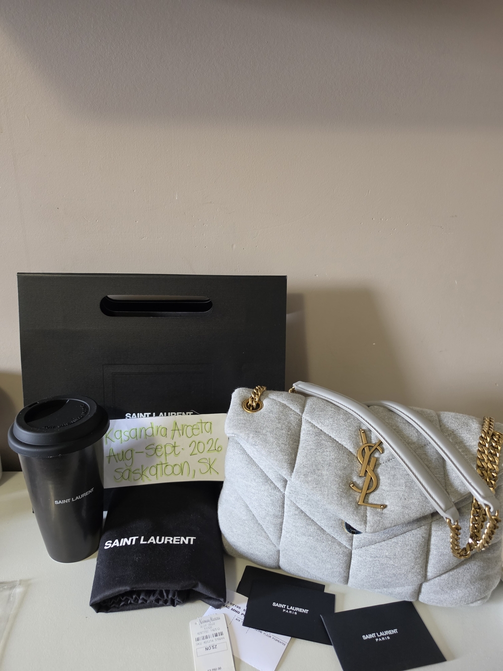 Saint Laurent Loulou Puffer Chain Shoulder Bag in Light Gray